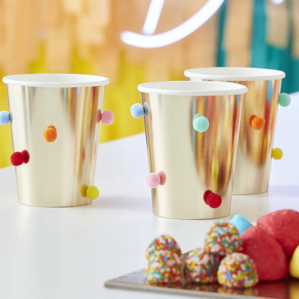 Online Ginger Ray 8 Golden Cups With Multicolored Pompoms