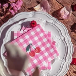 Store Françoise Paviot 20 Small Cherry Pink Gingham Napkins
