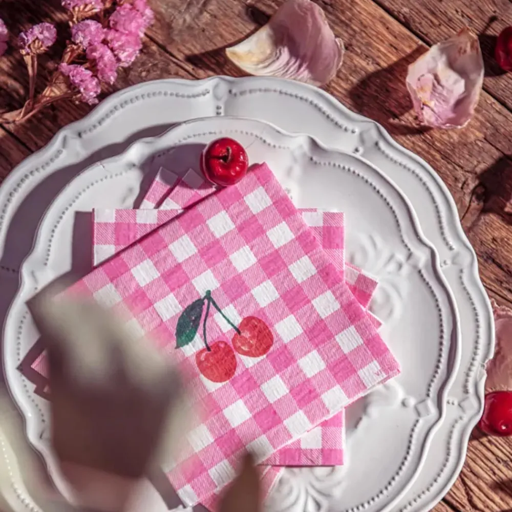 Store Françoise Paviot 20 Small Cherry Pink Gingham Napkins