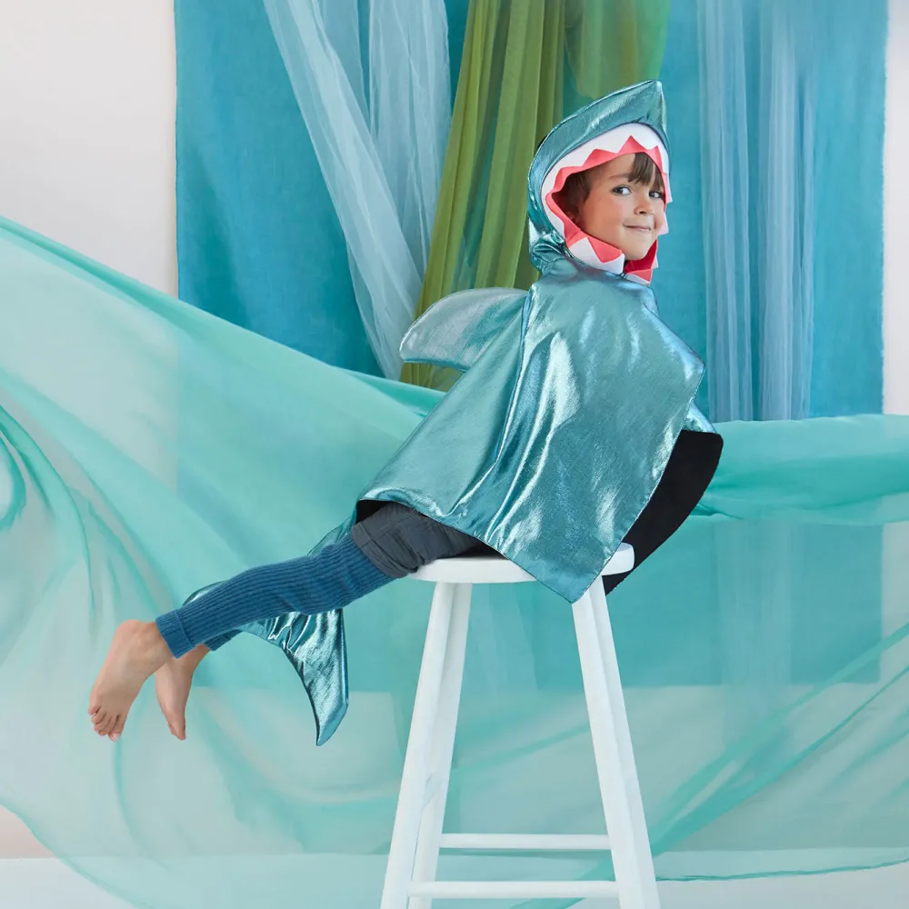Flash Sale Meri Meri Shark Costume: Lined Metallic Blue Cape With Hood